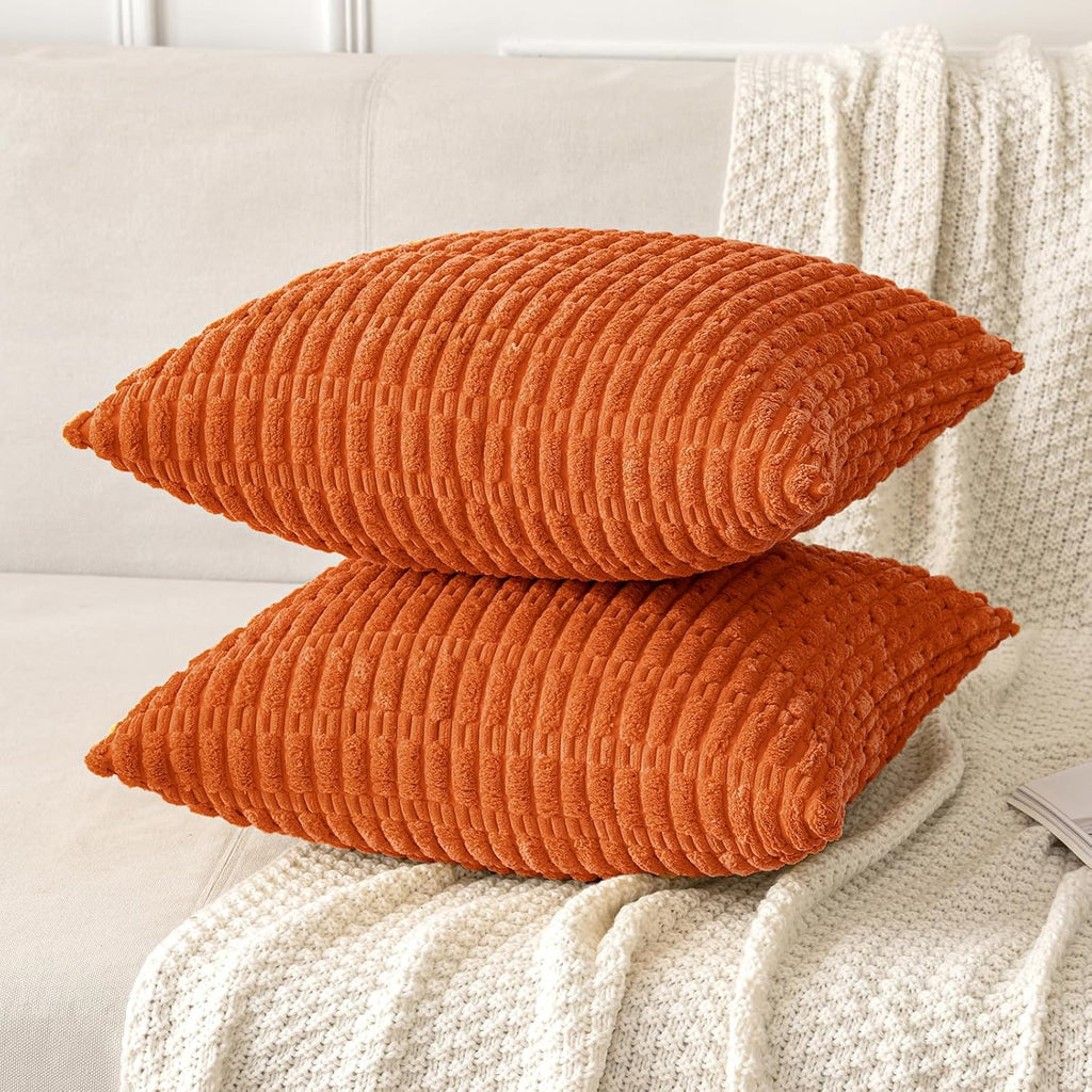 Miulee Pack of 2 Orange Corduroy Decorative Pillow Covers 18x18 Inch Soft Boho Striped Throw Pillow Covers Modern Farmhouse Home Decor for…