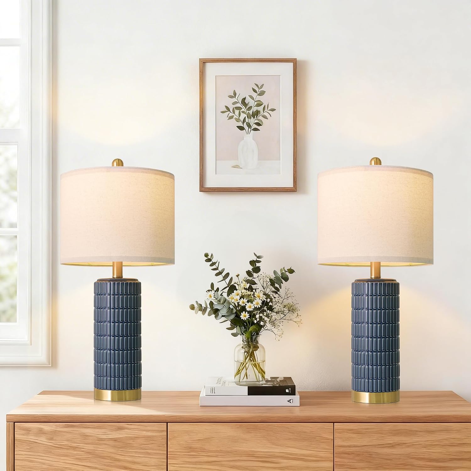 PoKat 25'' Blue Table Lamps for Bedroom Living Room Set of 2, Modern Ceramic Bedside Lamps with Gold Base for Office Sideboard Entryway…