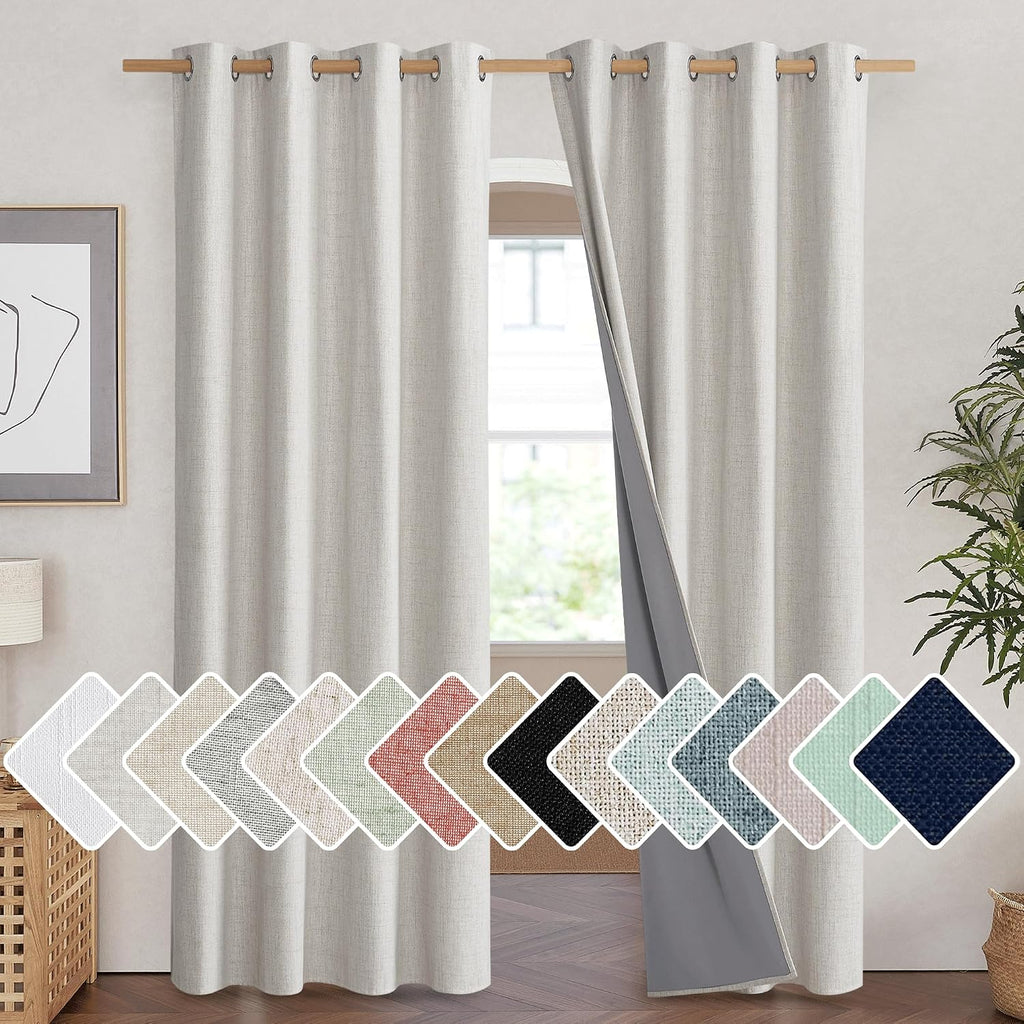 NICETOWN Snowbound Vintage Linen 100% Blackout Curtains for Living Room, Thermal Insulated Curtains 90" Long, Noise Reducing Window…