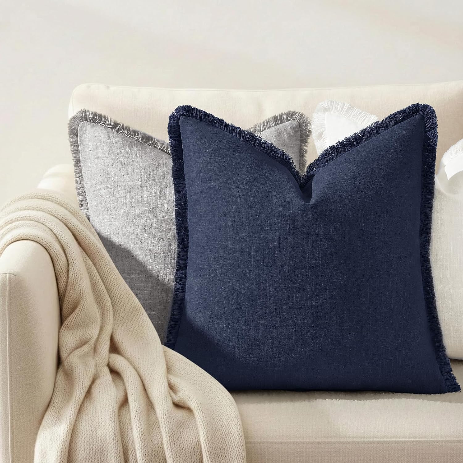 decorUhome Summer Decorative Neutral Linen Fringe Throw Pillow Covers Set of 2 Navy Blue Pillow Covers with Tassels Soft Farmhouse Boho Acc…