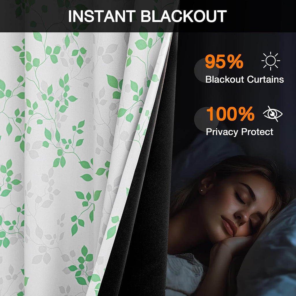 Meetsky 95% Blackout Curtains 63 Inches Long for Bedroom - Green and Grey Leaf Pattern Thermal Insulated Drapes for Living Room, Room Darke…