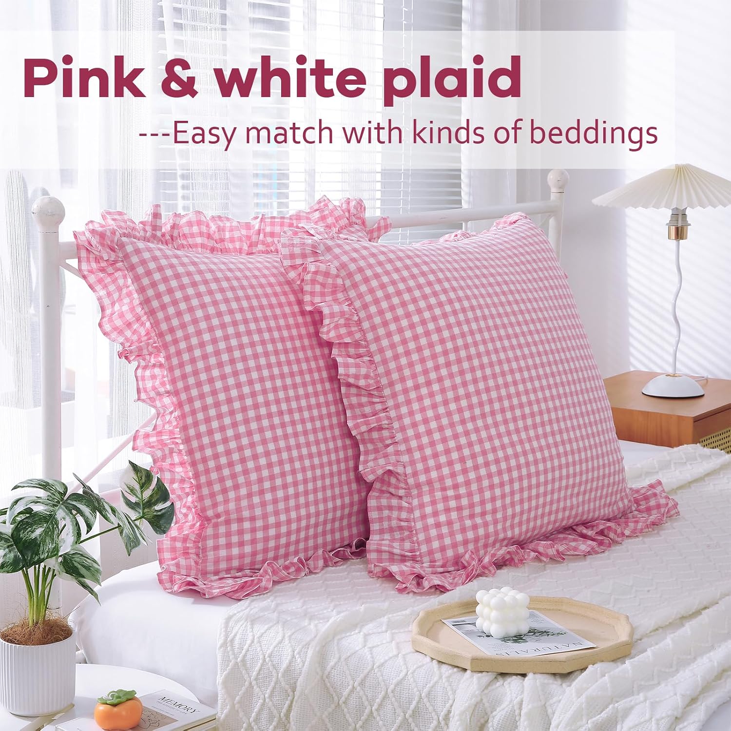 2 Pack Pink White Plaid Gingham Ruffle Euro Pillow Sham Covers, 100% Yarn-Dyed Washed Cotton Girls Lovely Checkered Farmhouse Pillow…