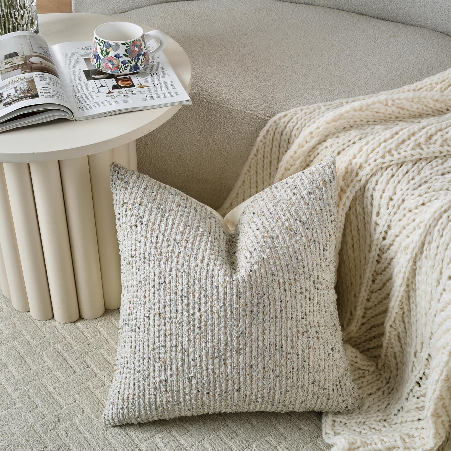 Dezene 22x22 Cream Grey Throw Pillow Cover Textured Boucle Striped Chic Morden Boho Accent Farmhouse Square Decorative Couch Pillow Cover f…