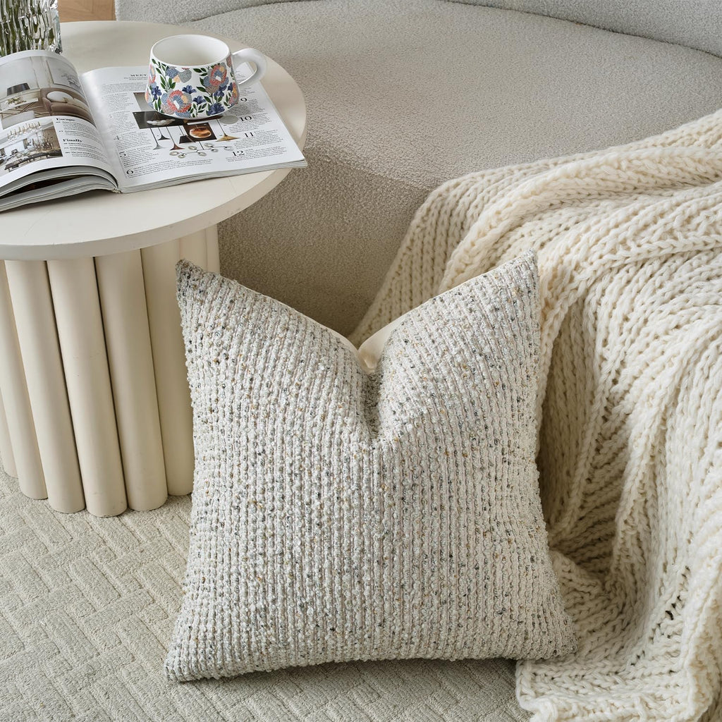 Dezene 24x24 Cream Grey Throw Pillow Cover Textured Boucle Striped Chic Morden Boho Accent Farmhouse Square Decorative Couch Pillow Cover f…