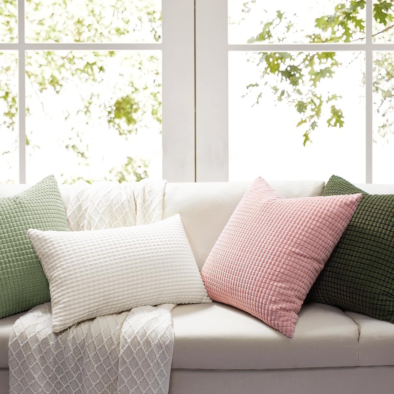 Softalker Throw Pillow Covers 16x16 Inch, Set of 2, Soft Corduroy Boho Stripe Decorative Pillow Cover, Couch Fluffy Pillow Cover for…