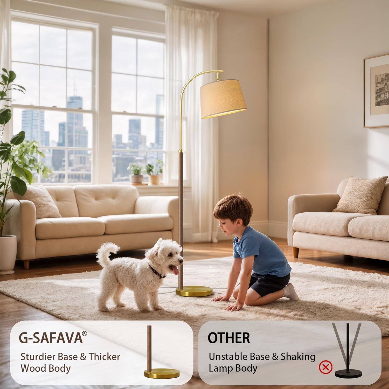 G-SAFAVA 63" Wood Floor Lamps for Living Room with Foot Switch Arc Tall Standing Lamp for Bedroom Mid Century Modern Corner Gold Floor…