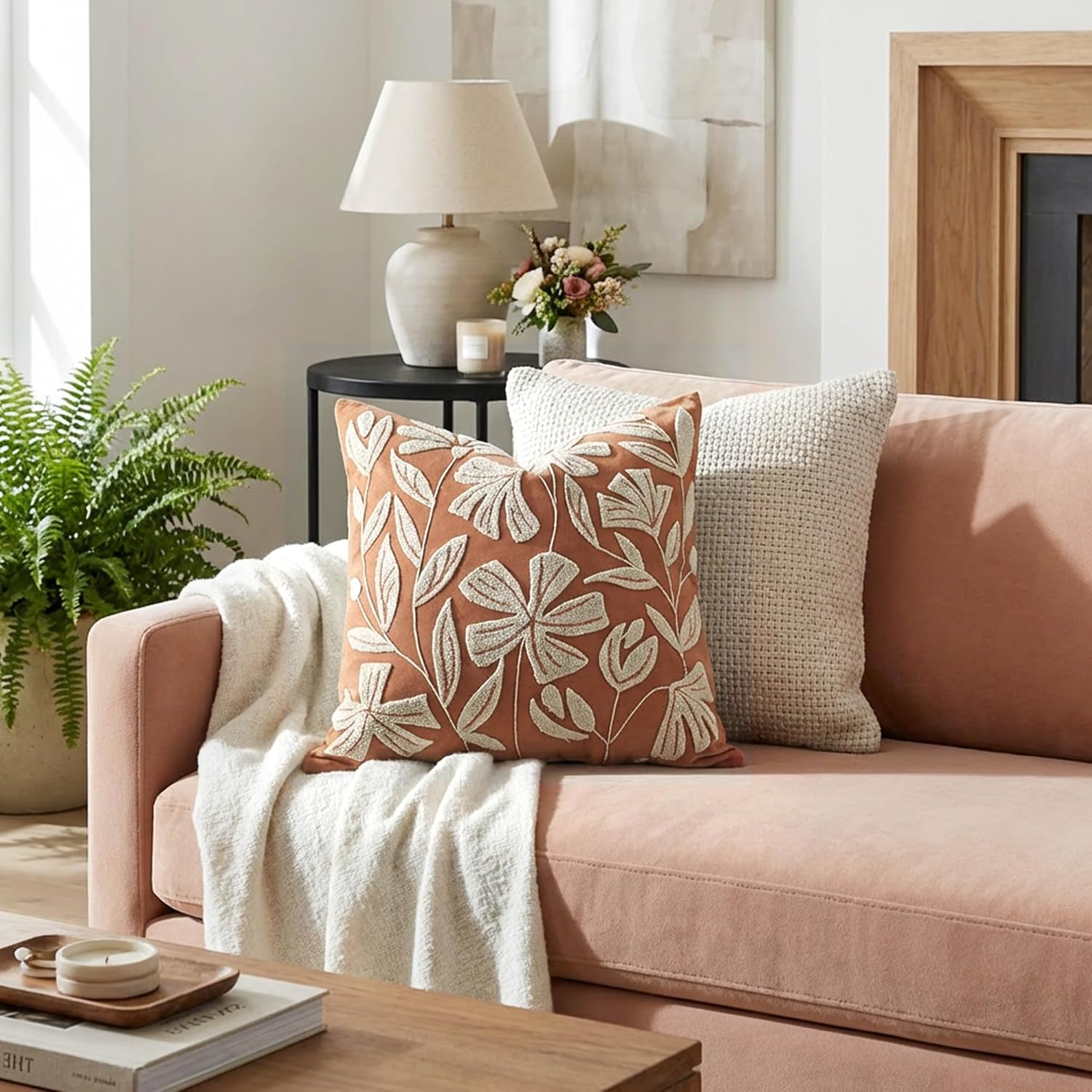 BlissBlush 20x20 Throw Pillow Cover, Brick Red Square Decorative Cushion Cover for Couch Sofa, Floral Tufted Embroidered Velvet Farmhouse…