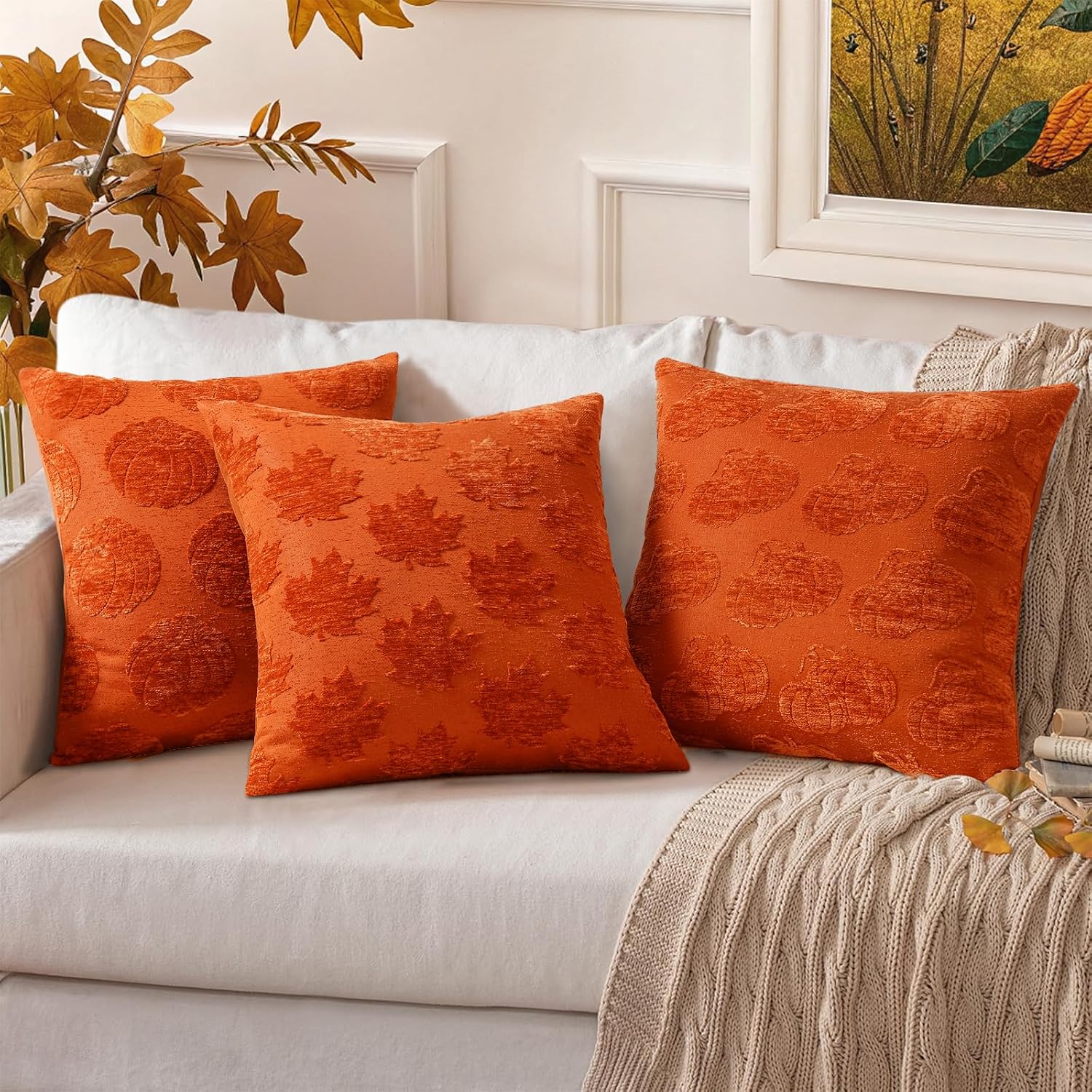 decorUhome Decorative Two Rust Pumpkins Thanksgiving Throw Pillow Covers 18x18 Set of 2, Soft Chenille Jacquard Farmhouse Textured Pillow…