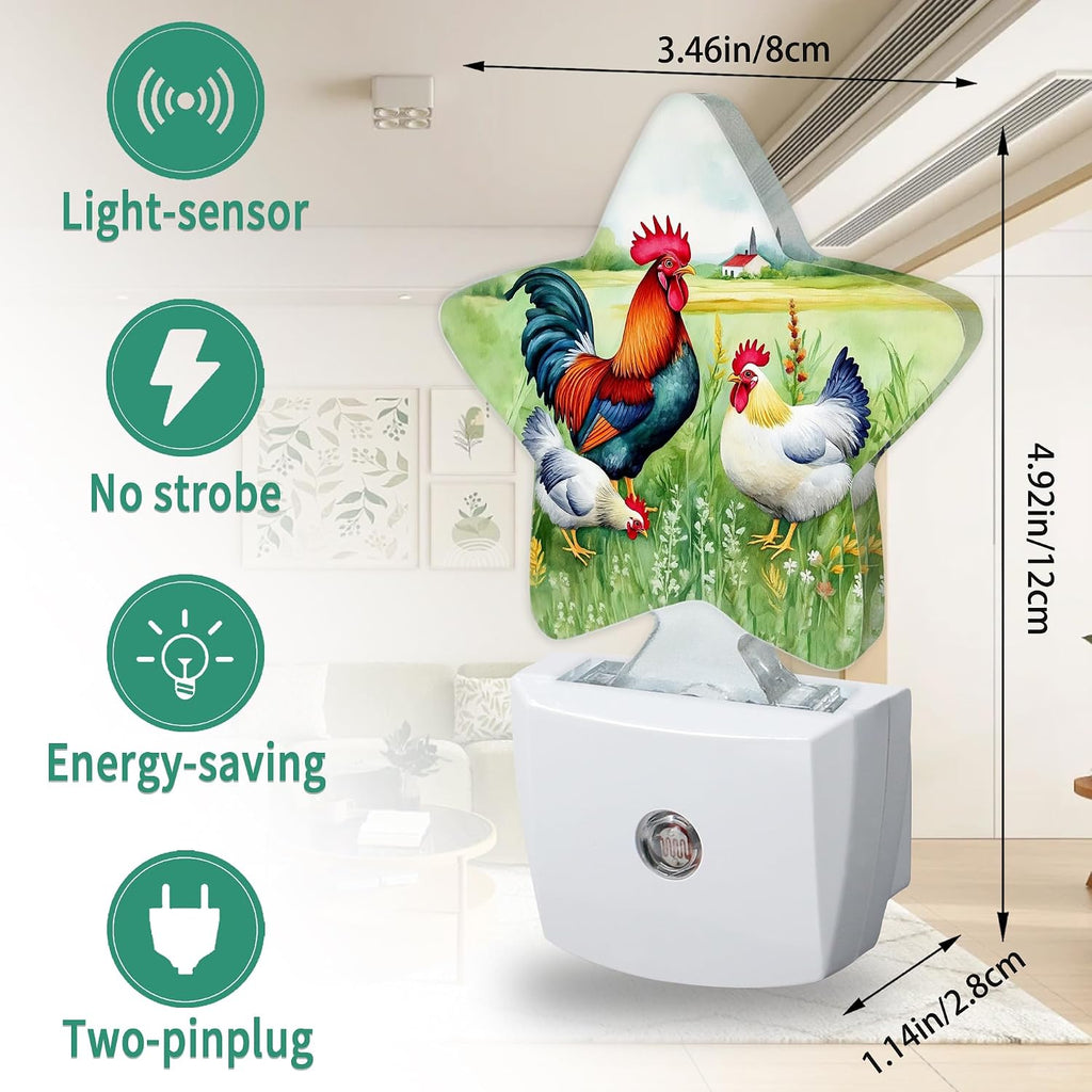 Farmhouse Rooster Star Night Light Plug in, Decorative Night Light for Kids Room Nursery Bedroom, Soft Glow Sensor Lamp for Hallway…