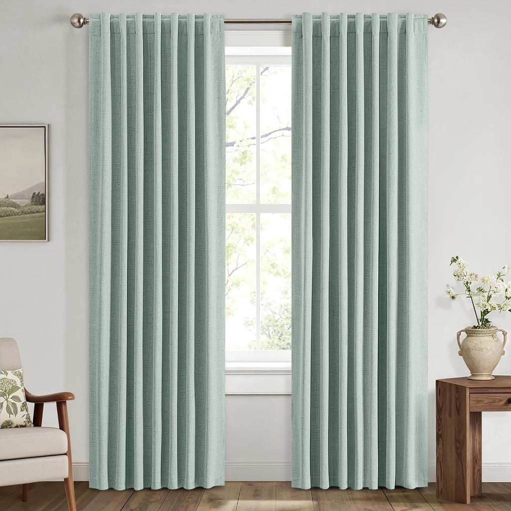 Miulee 100% Blackout Linen Curtains for Bedroom, Seafoam Green Solid Luxury Decor Thermal Insulation Room Darkening Drapes for Living Room…