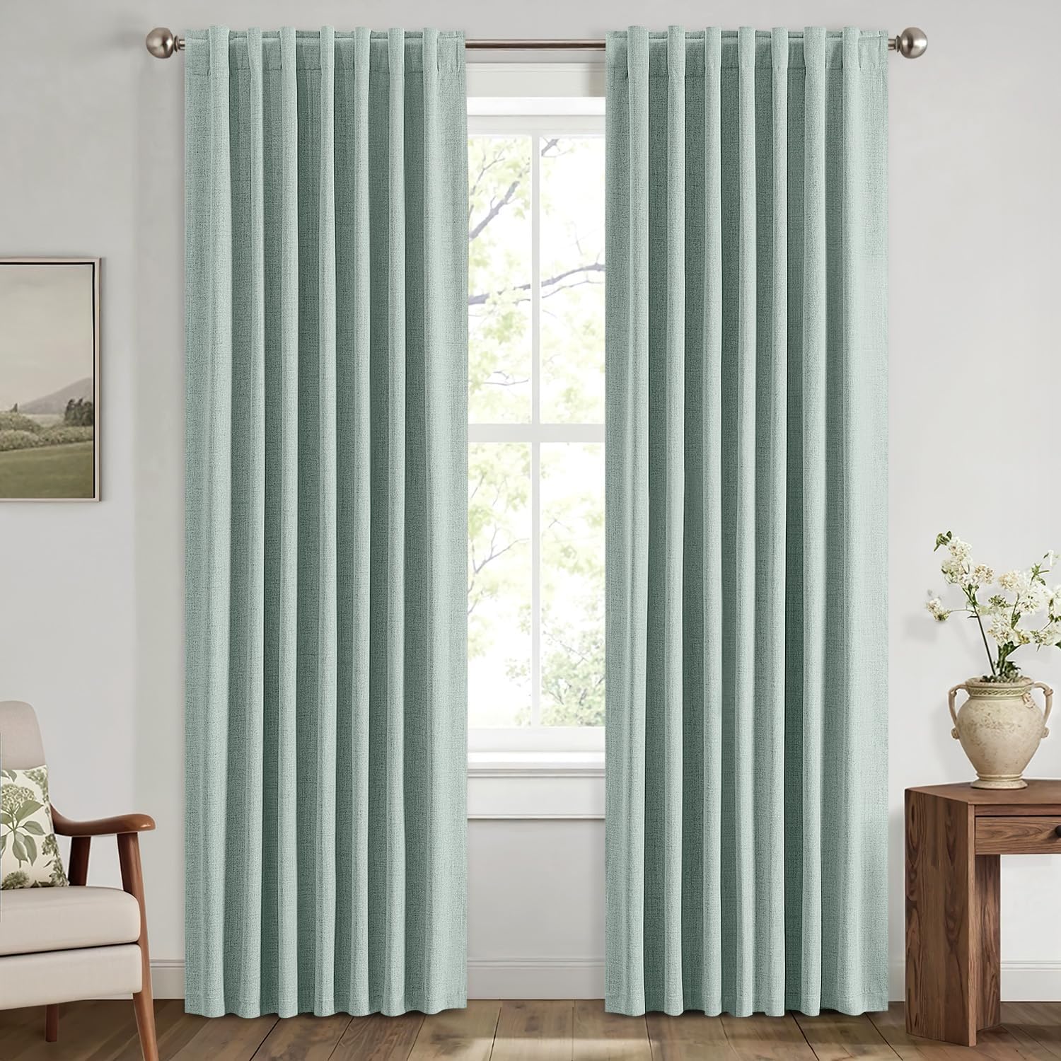 Miulee 100% Blackout Linen Curtains for Bedroom, Seafoam Green Solid Luxury Decor Thermal Insulation Room Darkening Drapes for Living Room…
