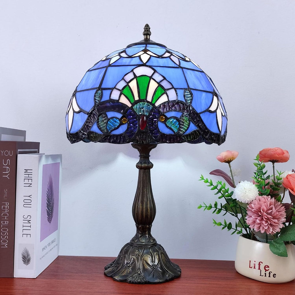 Tiffany Table Lamp 12X12X19 Inch Stained Glass Lamp Blue Baroque Style Antique Bedside Desk Nightstand Light for Bedroom Living Room Home…