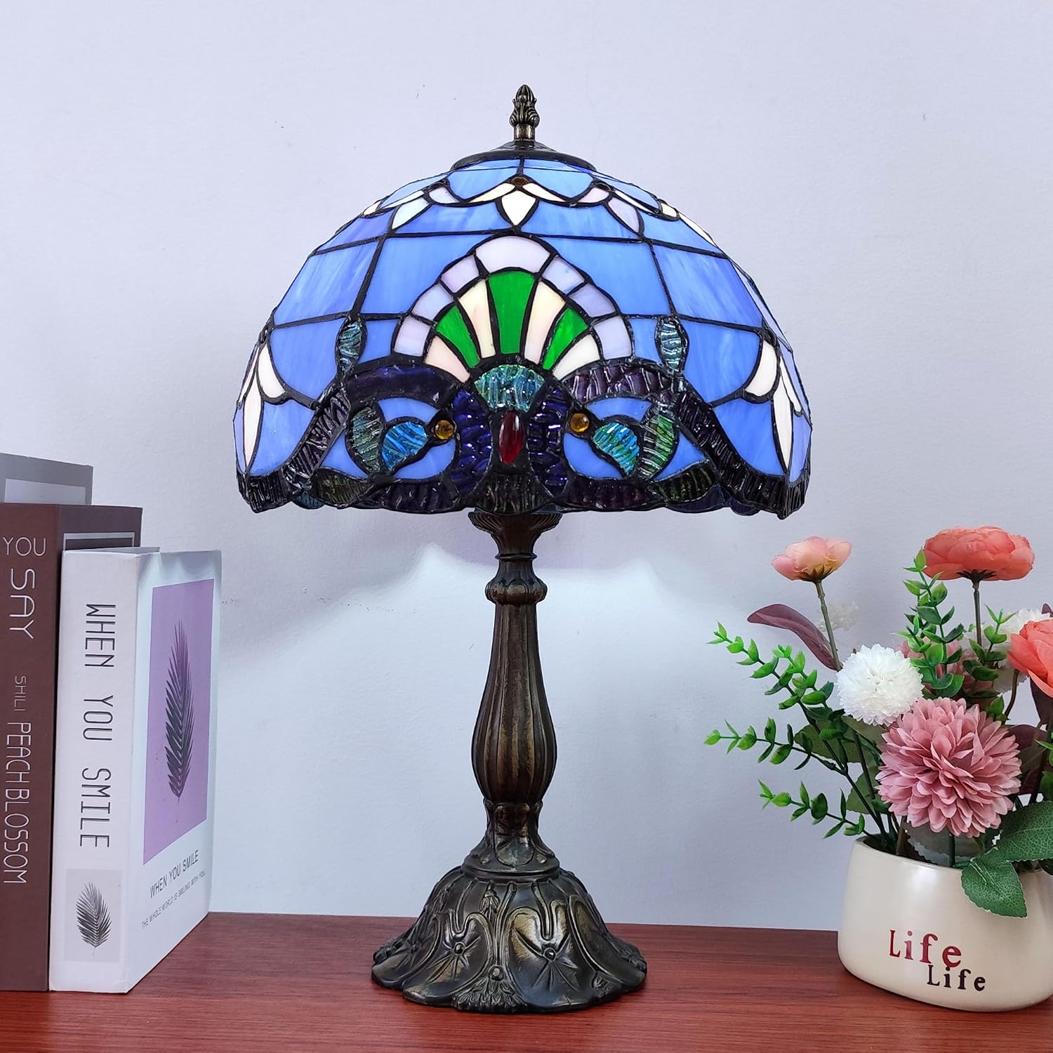 Tiffany Table Lamp 12X12X19 Inch Stained Glass Lamp Blue Baroque Style Antique Bedside Desk Nightstand Light for Bedroom Living Room Home…