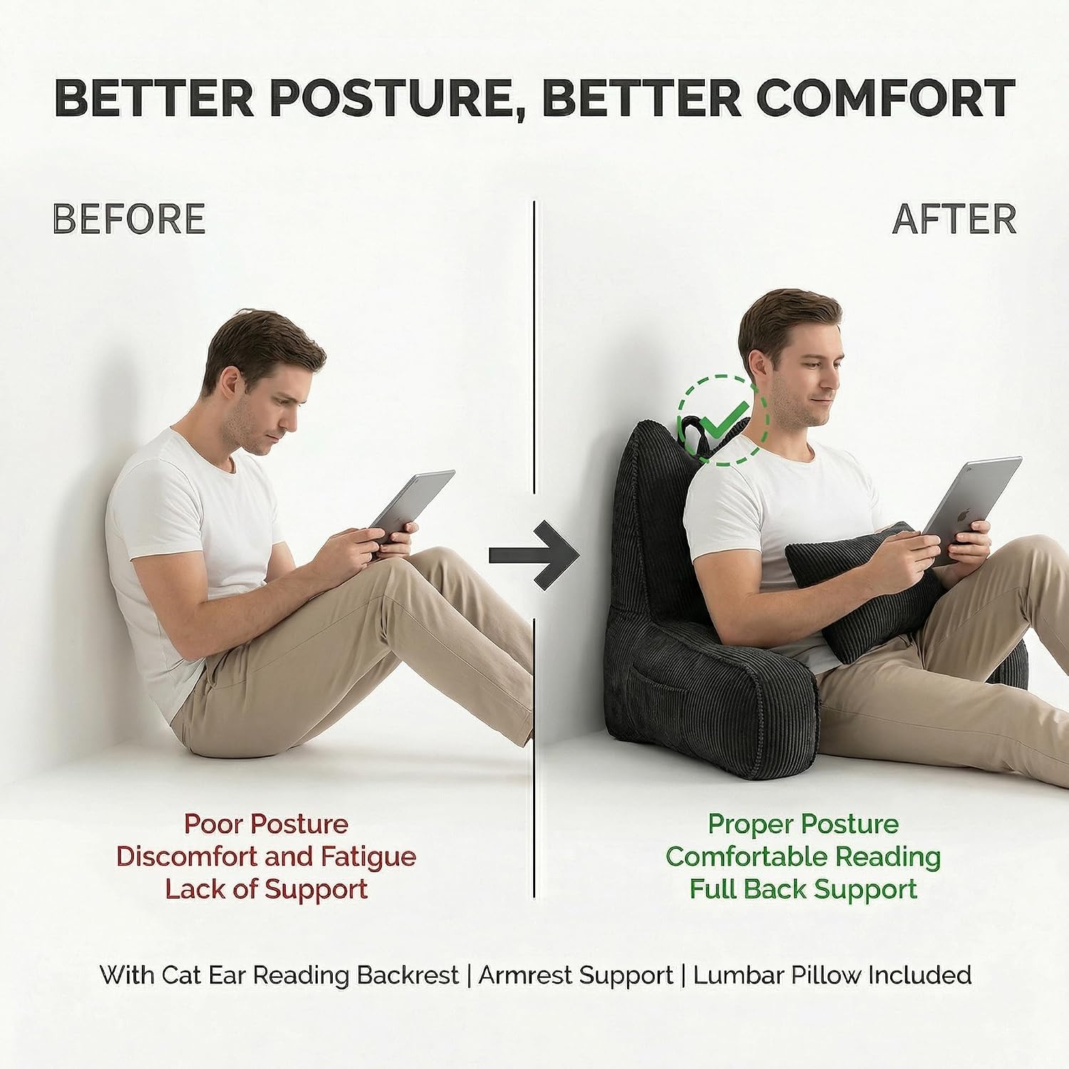 Ailuteie Patented Design Corduroy Bed Rest Pillow with Arms, Back Support Pillow for Sitting in Bed, Detachable Lumbar Support, Large Backr…