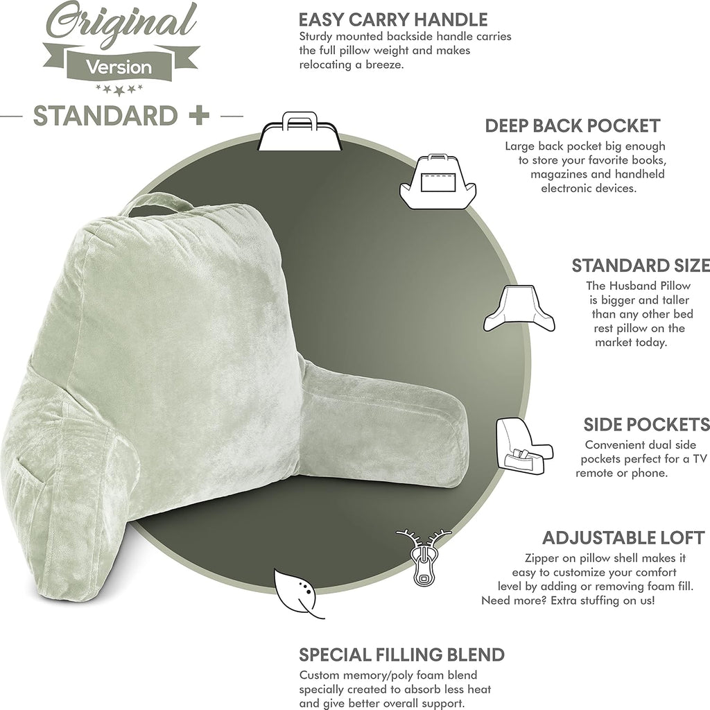 HusbandPillow Husband Pillow Reading Pillow with Arms - Standard Backrest for Sitting Up in Bed - Firm Support Bed Rest Pillow for Adults,…