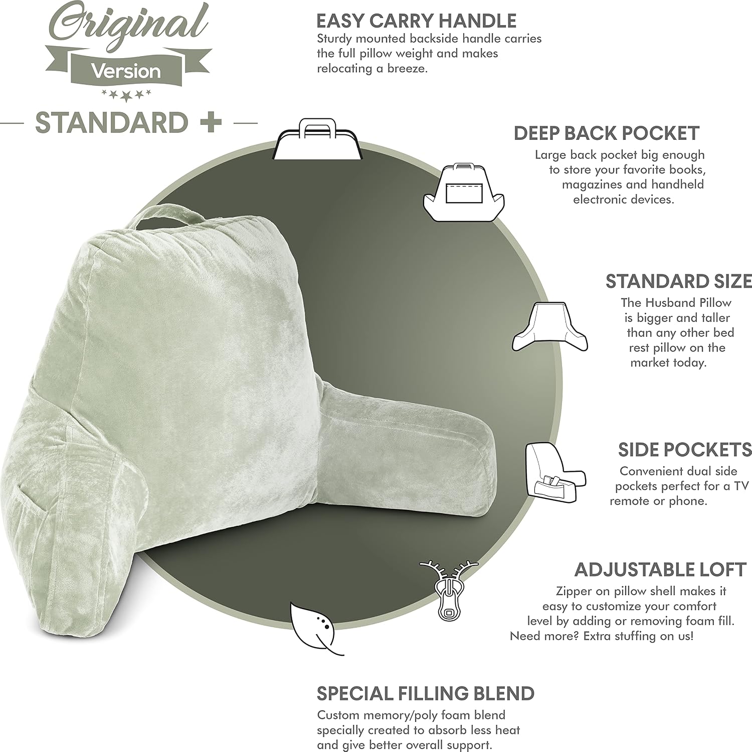HusbandPillow Husband Pillow Reading Pillow with Arms - Standard Backrest for Sitting Up in Bed - Firm Support Bed Rest Pillow for Adults,…