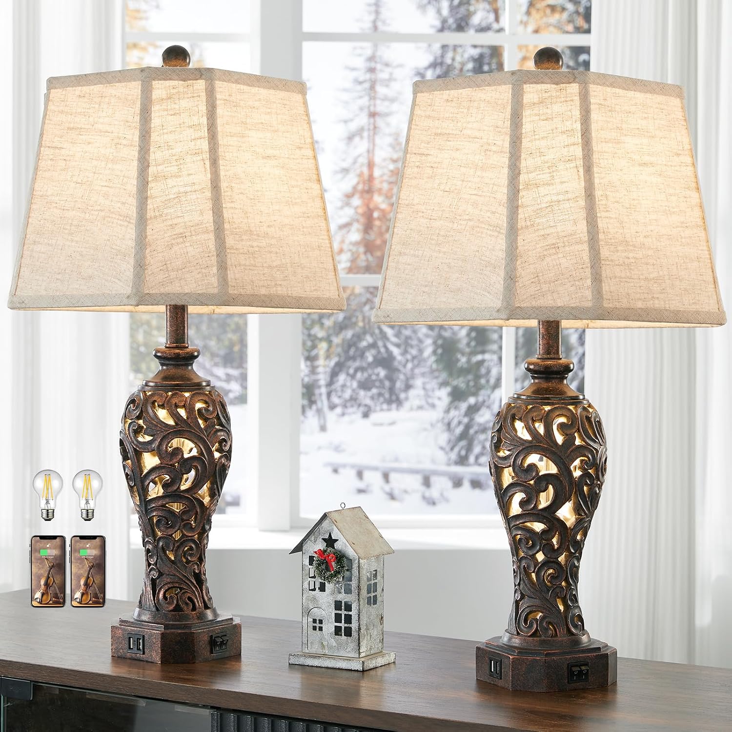 Set of 2 Farmhouse Table Lamps for Living Room, Rustic Vintage Nightstand Lamp with 2 USB Port, Bronze Resin Lamps for Bedroom End Table…