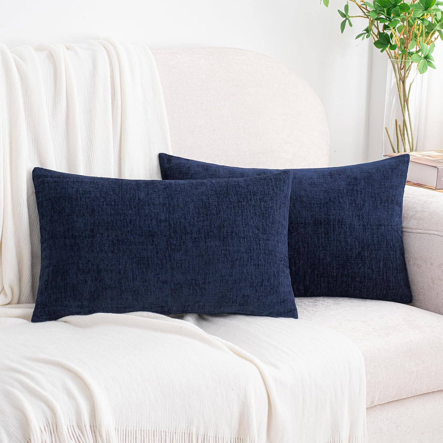 Hwy50 HWY 50 Navy Blue Lumbar Pillow Covers 12x20 Inch Pack of 2, Soft Chenille Decorative Throw Pillow Covers Farmhouse for Couch Sofa Liv…