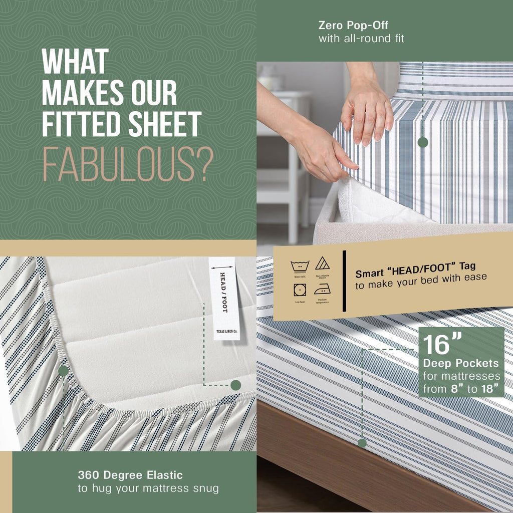 TEXAS LINEN CO. 100% Organic Cotton Percale Sheets King Size - 4 PC Organic Cotton King Size Percale Printed Sheet Sets, Soft, Crisp…