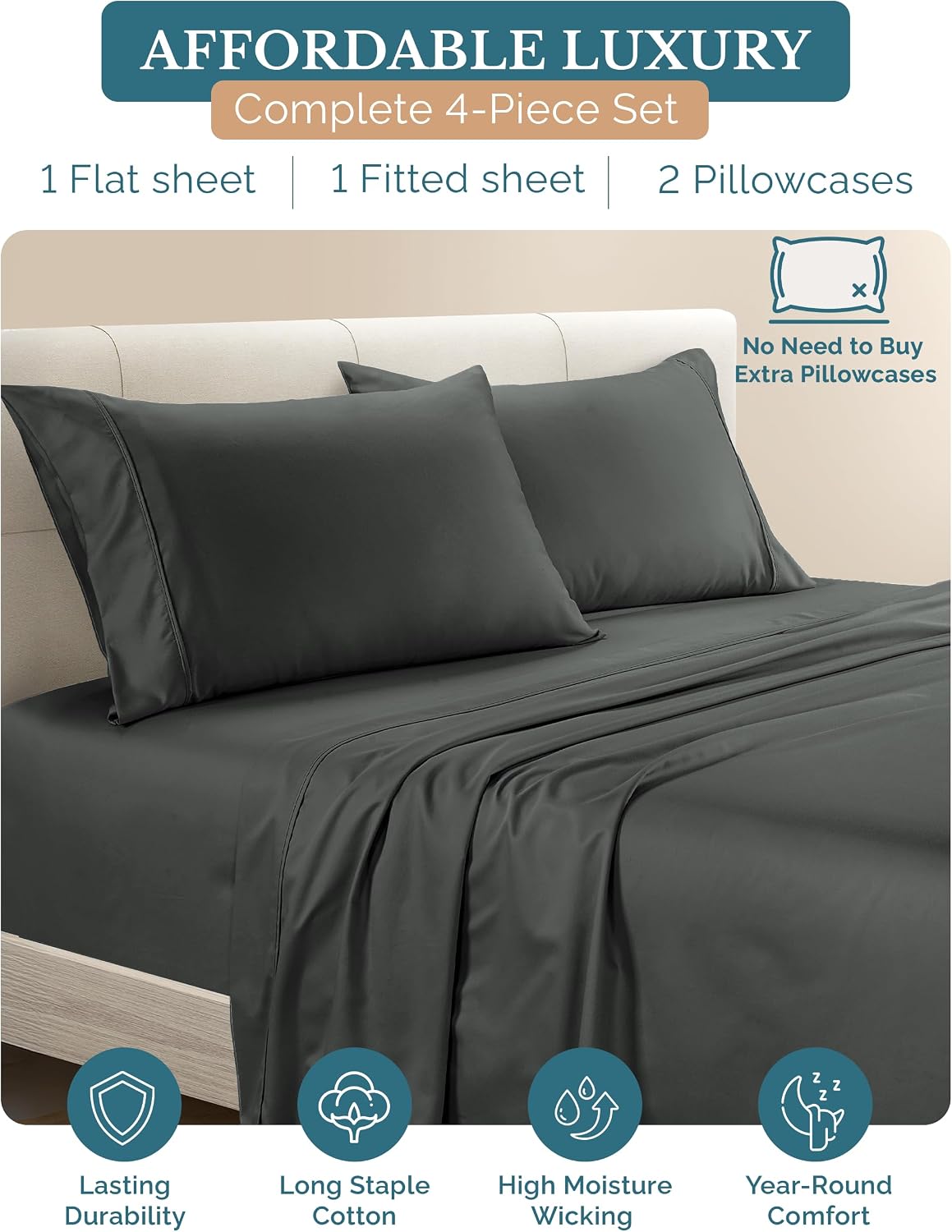 Casa Platino Bed Sheets Twin, 4 Piece Silky Sateen Sheets with 500 Thread Count 100% Cotton, 15 Inch Deep Pocket Fitted Sheet for Twin…