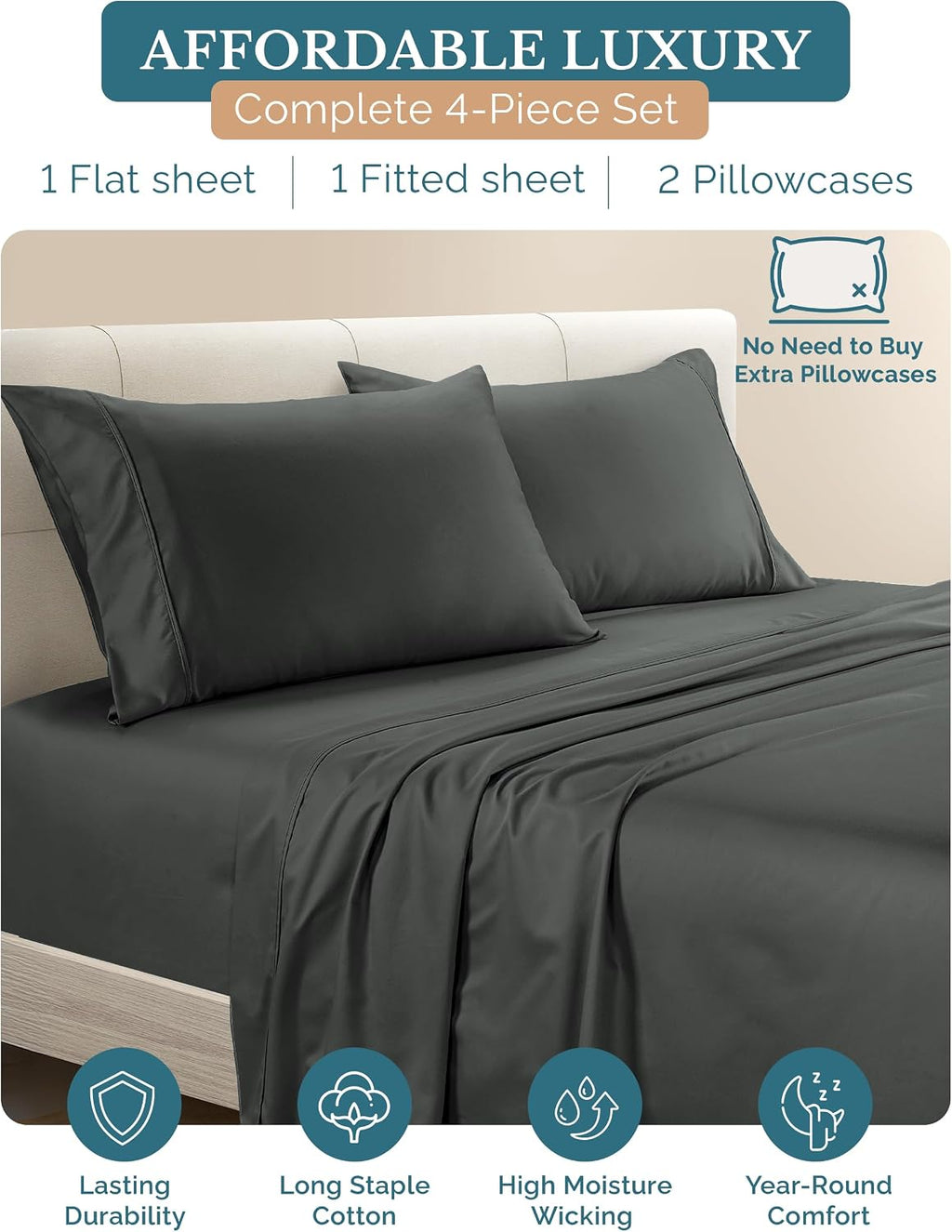 Casa Platino Bed Sheets Twin XL, 4 Piece Silky Sateen Sheets with 500 Thread Count 100% Cotton, 15 Inch Deep Pocket Fitted Sheet for Twin…