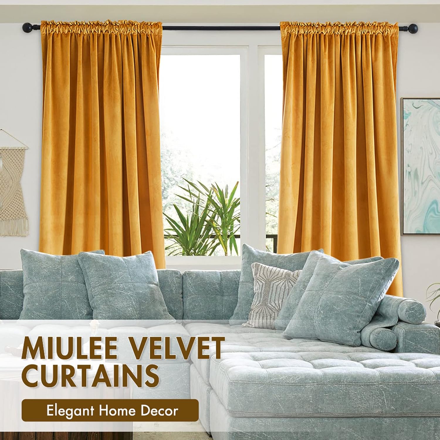 MIULEE Mustard Yellow Velvet Curtains Thermal Insulated Blackout Curtain Fall Drapes for Bedroom Living Room Darkening 72 Inches Long…