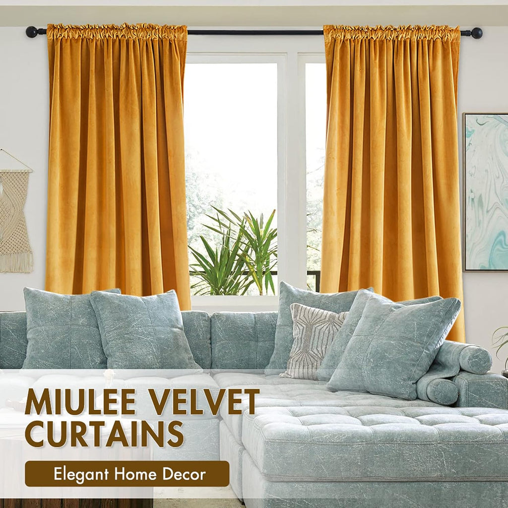 MIULEE Mustard Yellow Velvet Curtains Thermal Insulated Blackout Curtain Fall Drapes for Bedroom Living Room Darkening 96 Inches Long…
