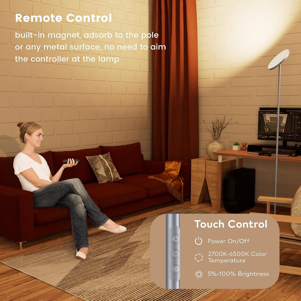 Floor Lamp, Bright 36W 3500LM Standing Lamp with Remote, 2700K Soft White to 6500K Cool White Adjustable, Touch Control Dimmable Torchiere…
