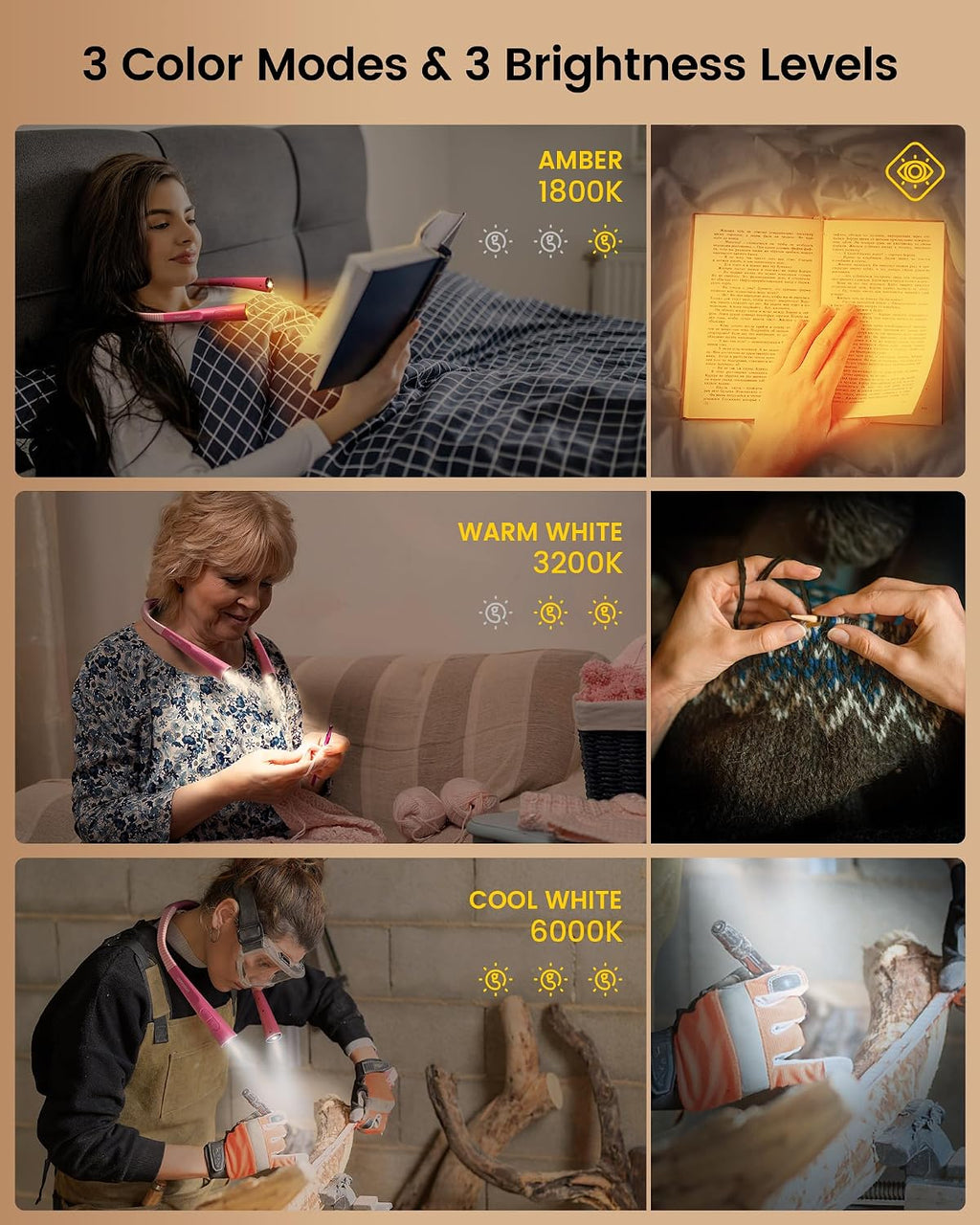 Glocusent Upgraded LED Neck Reading Light, Book Light for Reading in Bed, 30-min Timer, 3 Colors & 3 Brightness Adjustable, Rechargeable &…