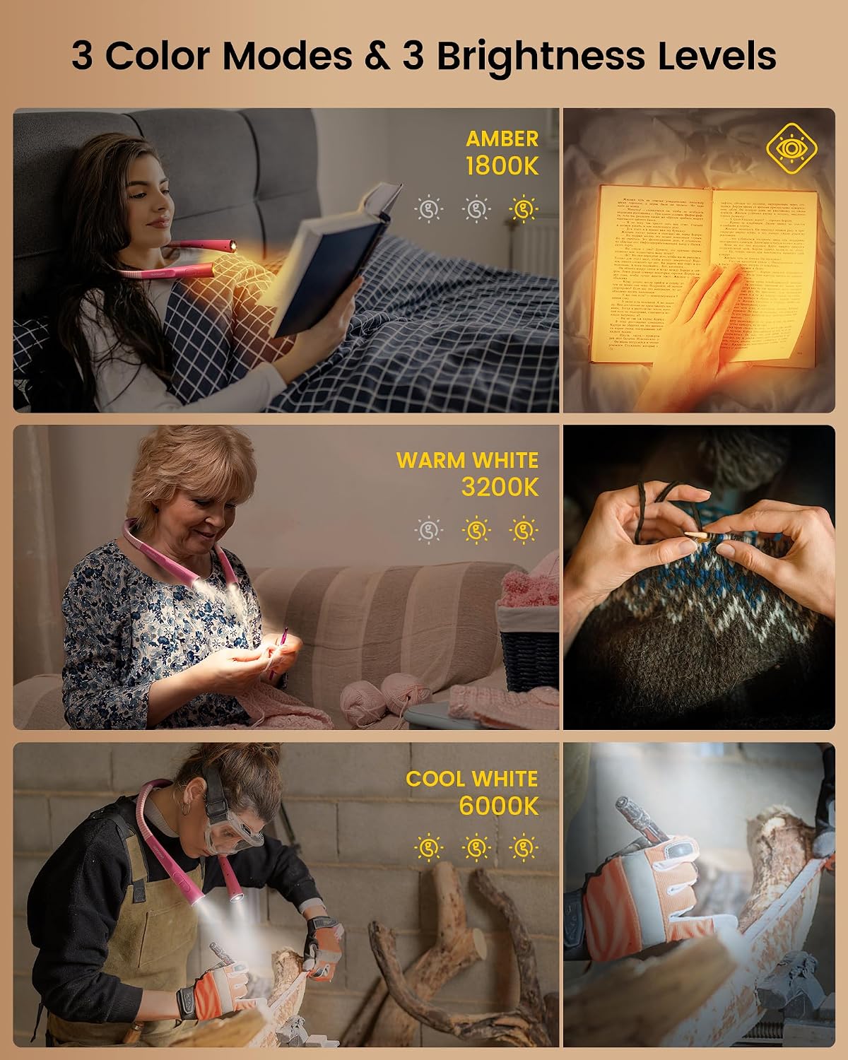Glocusent Upgraded LED Neck Reading Light, Book Light for Reading in Bed, 30-min Timer, 3 Colors & 3 Brightness Adjustable, Rechargeable &…