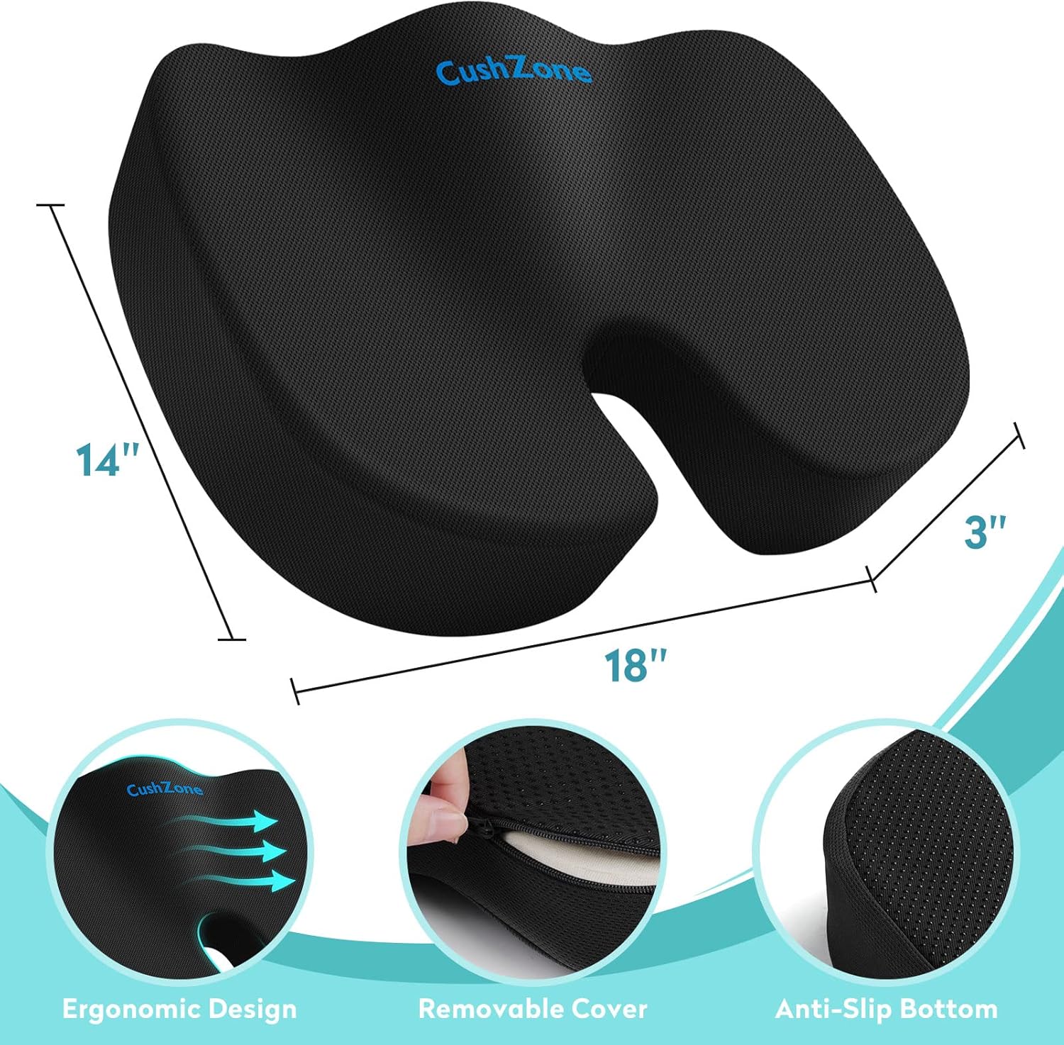 CushZone Office Chair Seat Cushion, Cooling Gel Enhanced Memory Foam Cushion for Long Sitting - Back, Sciatica, Coccyx, Tailbone Pillow - f…