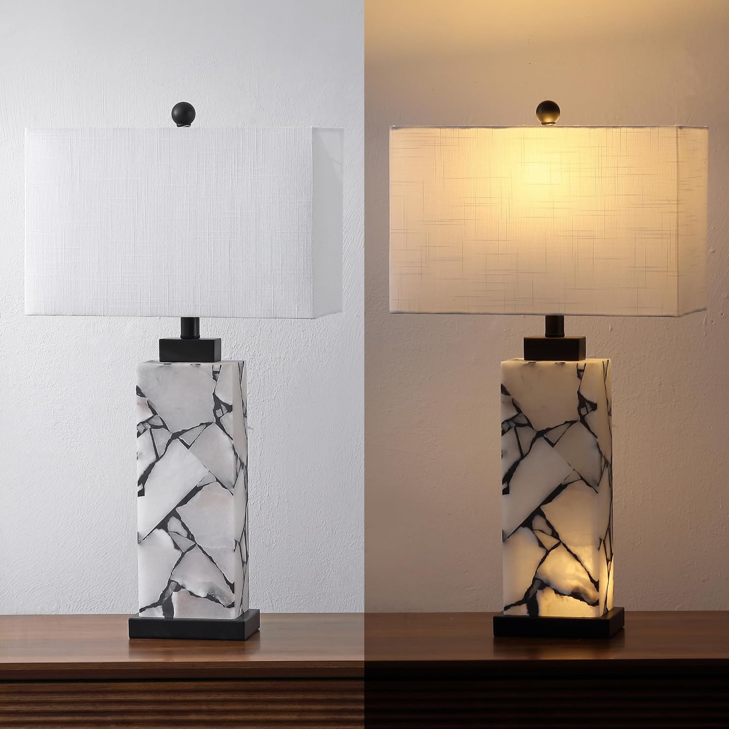 Jonathany JONATHAN Y 27.5" Black White Alabaster Rectangular Table Lamp with Night Light Contemporary Coastal Bedside Lamp for Bedroom with…