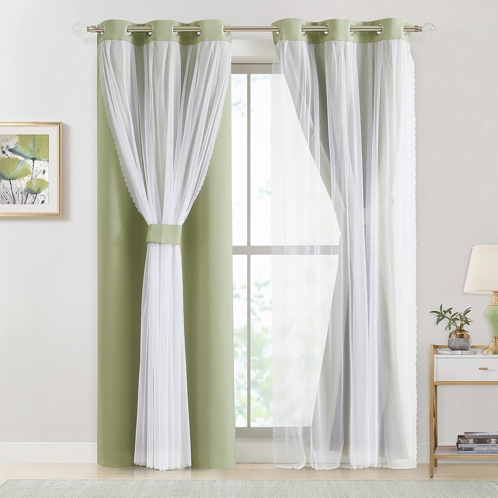 Bujasso Sage Green 90% Blackout Curtains with Sheer Overlay Mix and Match Double Layer Thermal Insulated Window Panels 84 inch Living Room…