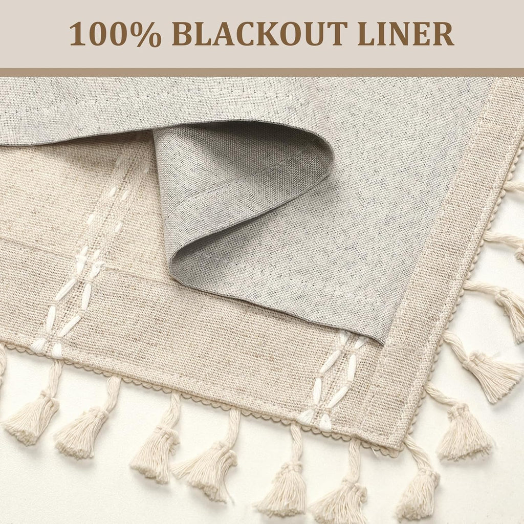 XOGUIBO Boho Blackout Curtains 63 Inches Long Beige Linen Blend 2 Panels with Tassels and Cotton Embroidery, Farmhouse Vintage Rusti…