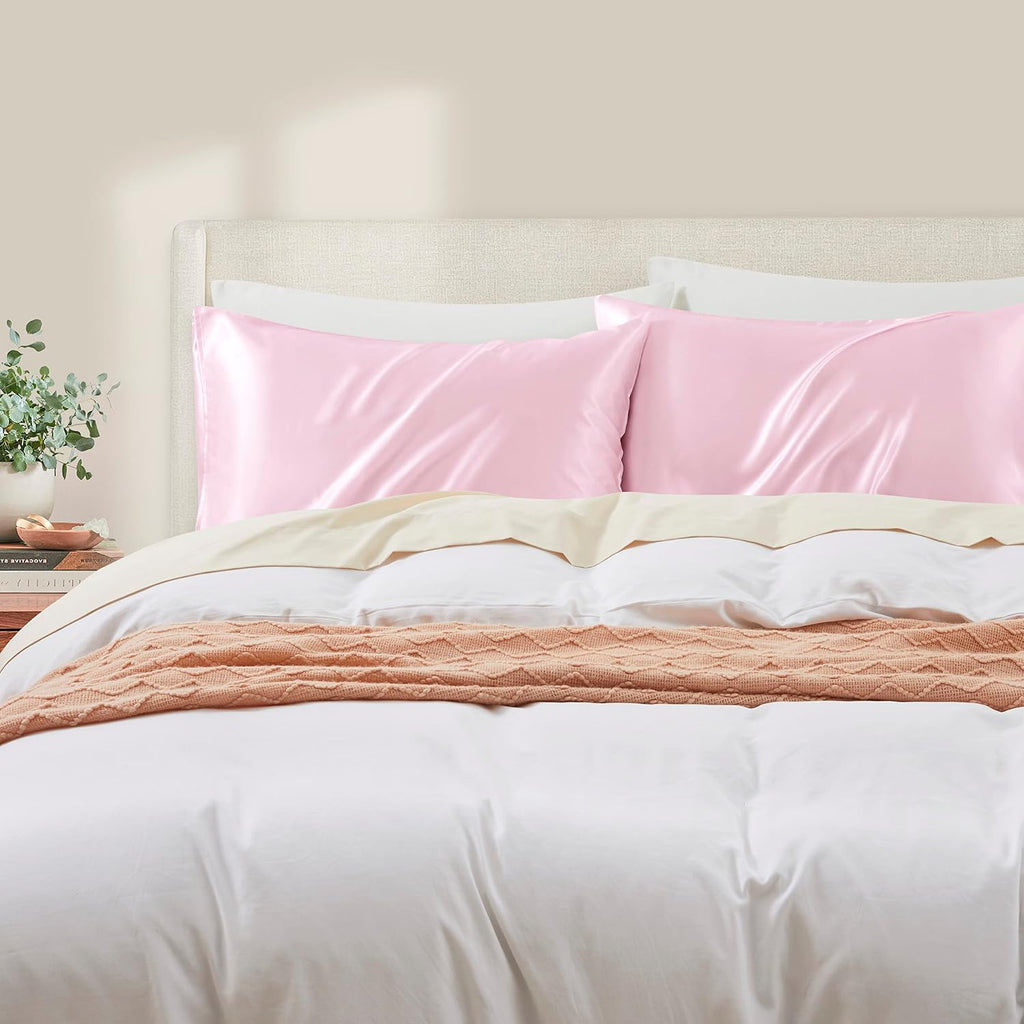 HommxJF Pink Satin Pillowcase Queen Size Set of 2 for Hair and Skin, Pink Silk Pillowcase Breathable Pillowcase with Envelope Closure Pink