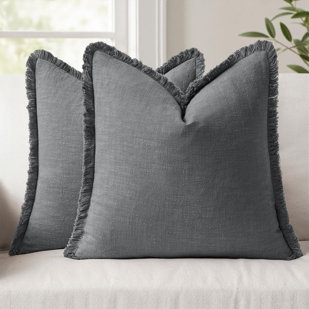 Anroduo Set of 2 Decorative Throw Pillow Covers 20×20 Inch Soft Linen Fringe Farmhouse Boho Vintage Cushion Covers with Tassels Accent Pill…