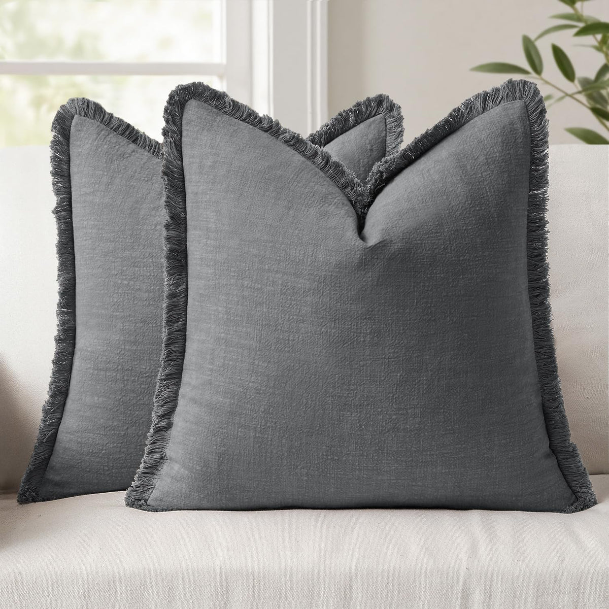 Anroduo Set of 2 Decorative Throw Pillow Covers 18×18 Inch Soft Linen Fringe Farmhouse Boho Vintage Cushion Covers with Tassels Accent Pill…