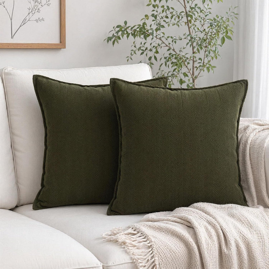 Zglaak Set of 2 Chenille Decorative Square Throw Pillow Covers with Classy Design, Durable, Room Decor,18 * 18inch (Olive Green) 18inch Green