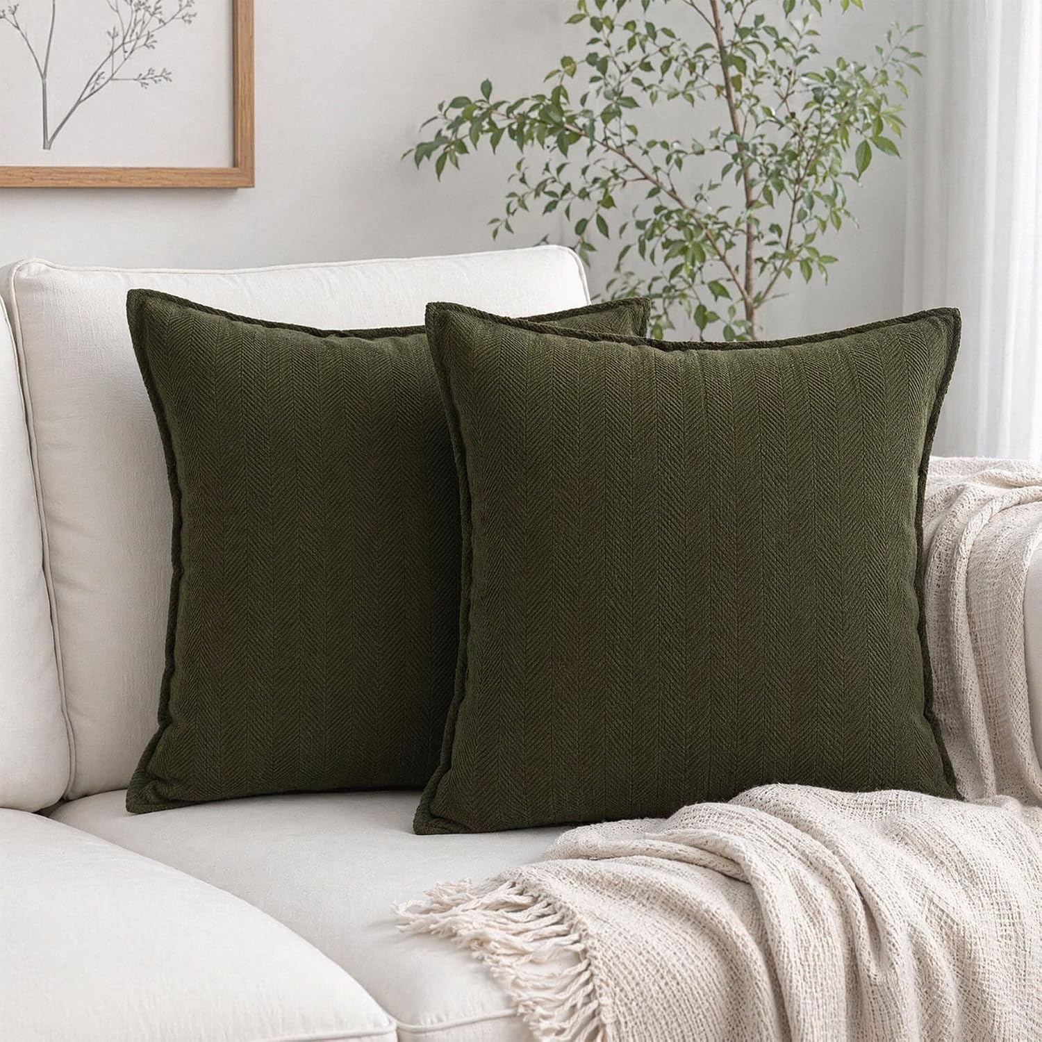 Zglaak Set of 2 Chenille Decorative Square Throw Pillow Covers with Classy Design, Durable, Room Decor,18 * 18inch (Olive Green) 18inch Green