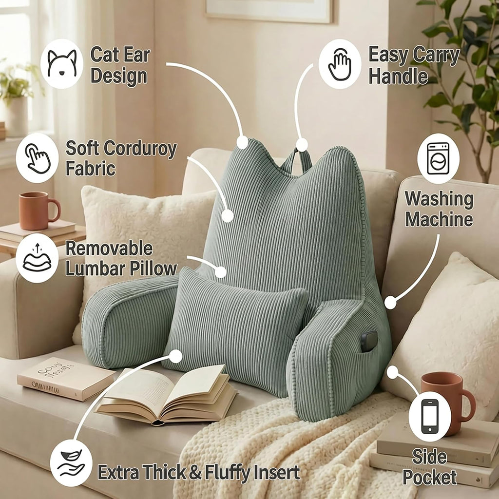 Ailuteie Patented Design Cat Ear Inspired Corduroy Reading Pillow with Arms, Aesthetic Bed Rest Pillow for Sitting in Bed, Detachable Lumba…