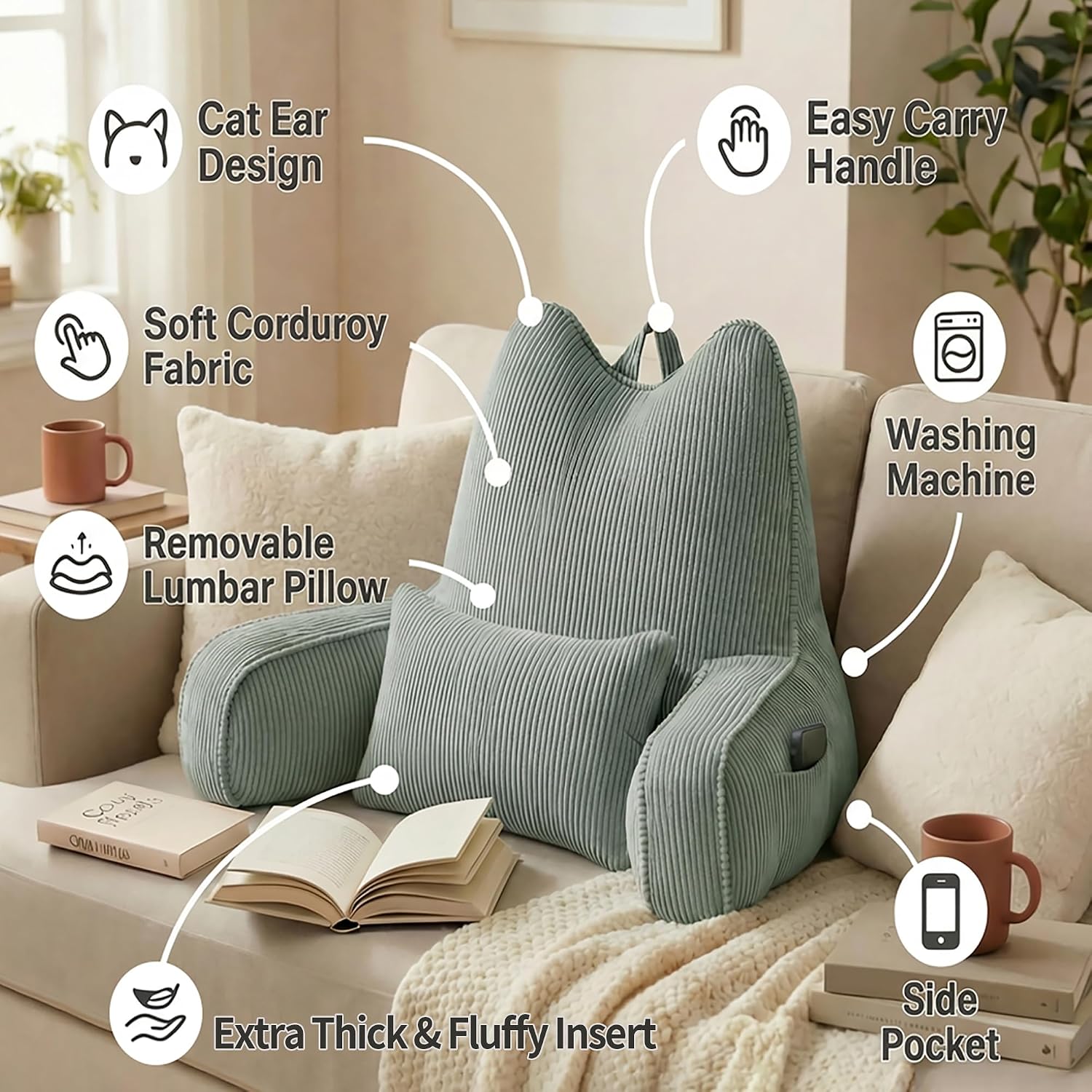 Ailuteie Patented Design Cat Ear Inspired Corduroy Reading Pillow with Arms, Aesthetic Bed Rest Pillow for Sitting in Bed, Detachable Lumba…