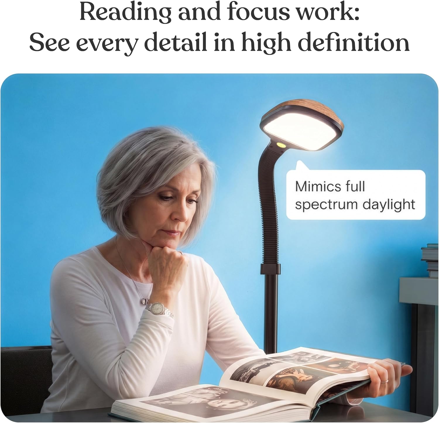 Brightech Litespan - LED Floor Reading Lamp, Modern Wooden Style, Adjustable Gooseneck, 850-950 Lumens, 12W, 3-Year Warranty Wood