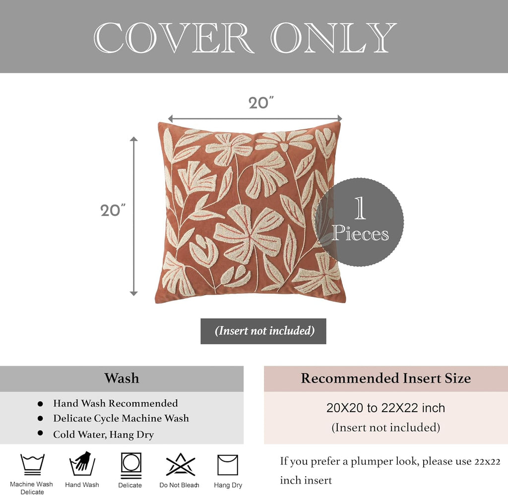 BlissBlush 20x20 Throw Pillow Cover, Brick Red Square Decorative Cushion Cover for Couch Sofa, Floral Tufted Embroidered Velvet Farmhouse…