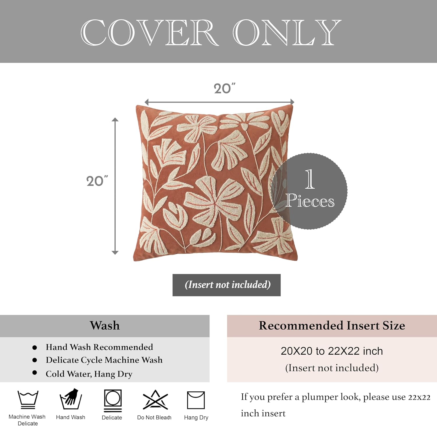 BlissBlush 20x20 Throw Pillow Cover, Brick Red Square Decorative Cushion Cover for Couch Sofa, Floral Tufted Embroidered Velvet Farmhouse…