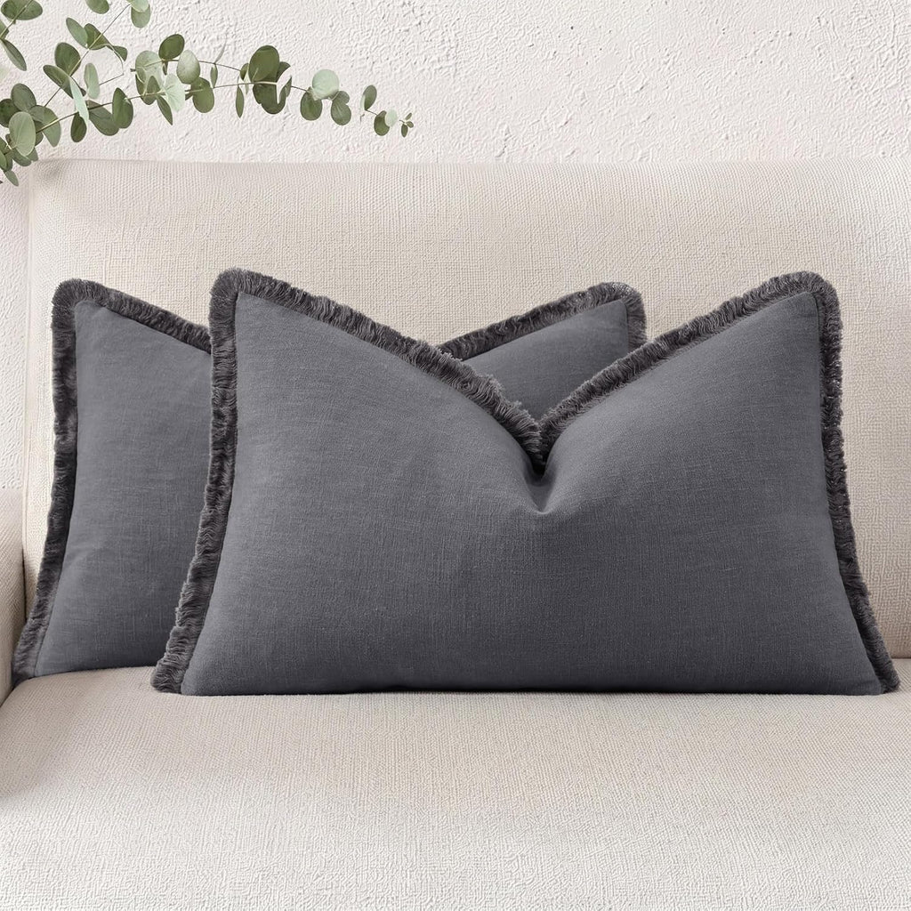 decorUhome Summer Decorative Neutral Linen Fringe Lumbar Throw Pillow Covers Set of 2 Dark Grey Pillow Covers with Tassels Soft Farmhouse B…