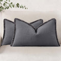 decorUhome Summer Decorative Neutral Linen Fringe Lumbar Throw Pillow Covers Set of 2 Dark Grey Pillow Covers with Tassels Soft Farmhouse B…