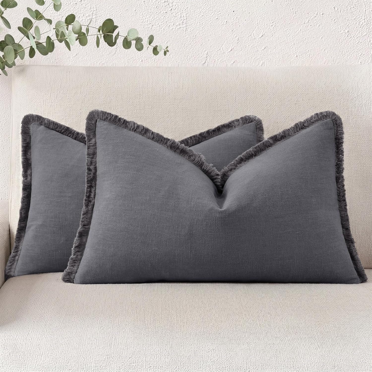decorUhome Summer Decorative Neutral Linen Fringe Lumbar Throw Pillow Covers Set of 2 Dark Grey Pillow Covers with Tassels Soft Farmhouse B…