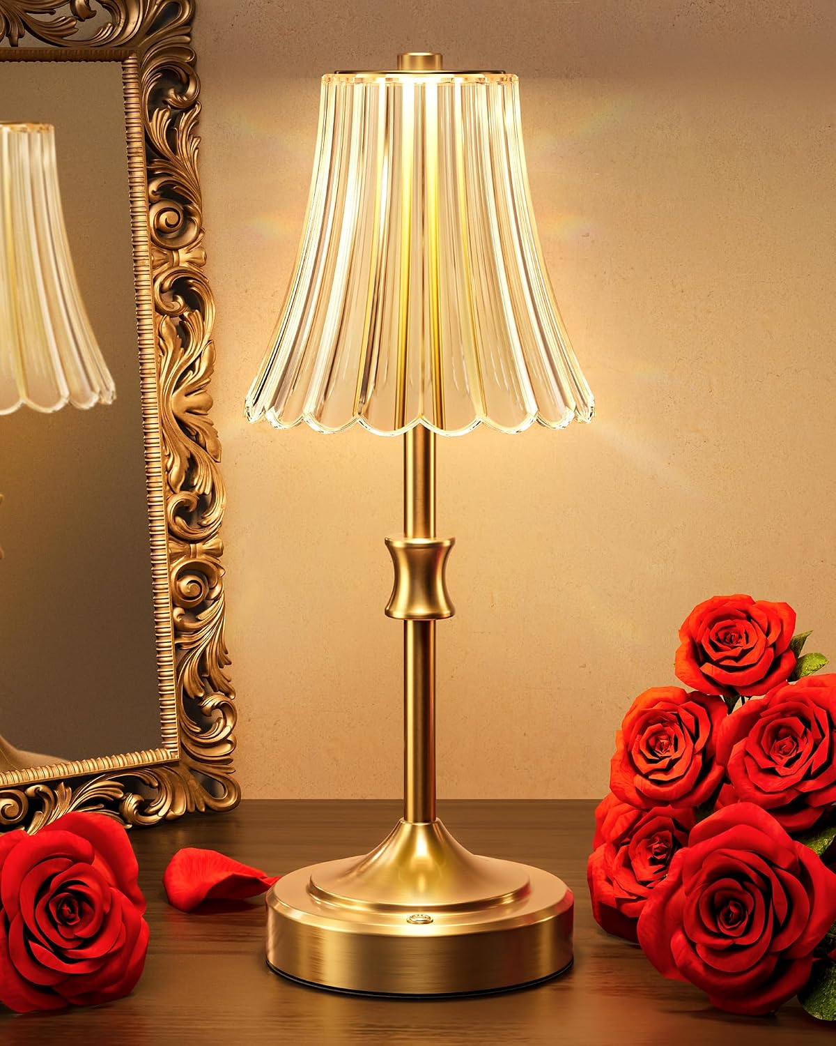 JACKYLED Vintage Cordless Table Lamp, Acrylic Crystal Flower Lamp Shade, 3 Colors Dimmable LED Golden Lamp, 5400mAh Battery Operated…