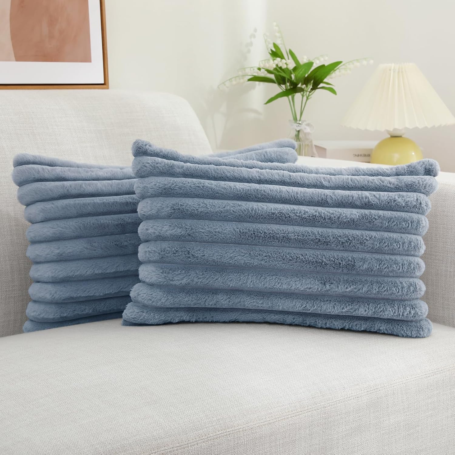 decorUhome Cozy Faux Fur Throw Pillow Covers 12x20 Set of 2 Decorative Soft Plush Striped Lumbar Modern Farmhouse Boho Couch Pillow Cases w…