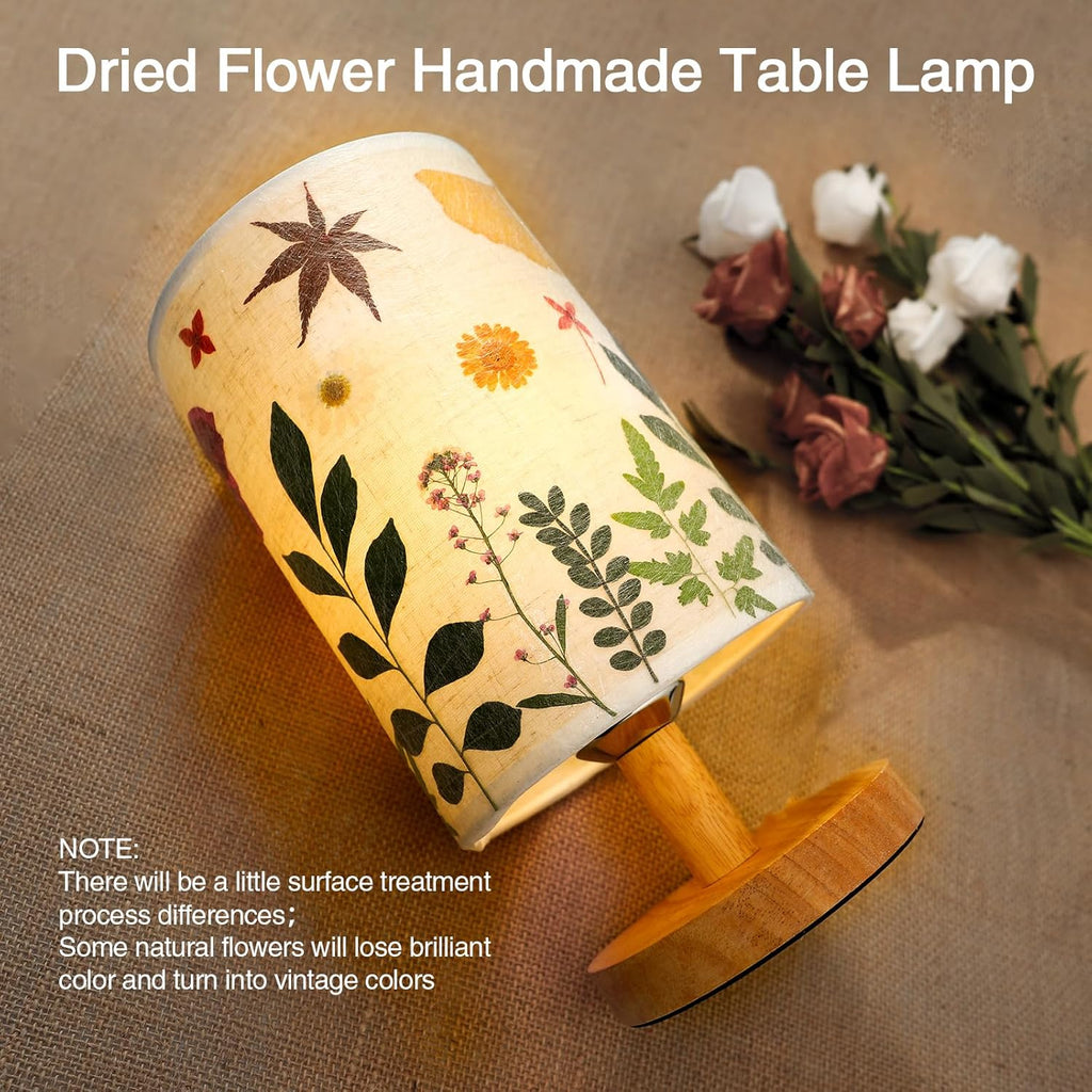 Pressed Flowers Table Lamp 5W LED 3Color Temperatures Dried Flower Bedside Lamp Linen Shade with Wood Base for Bedroom Living Room Desk…